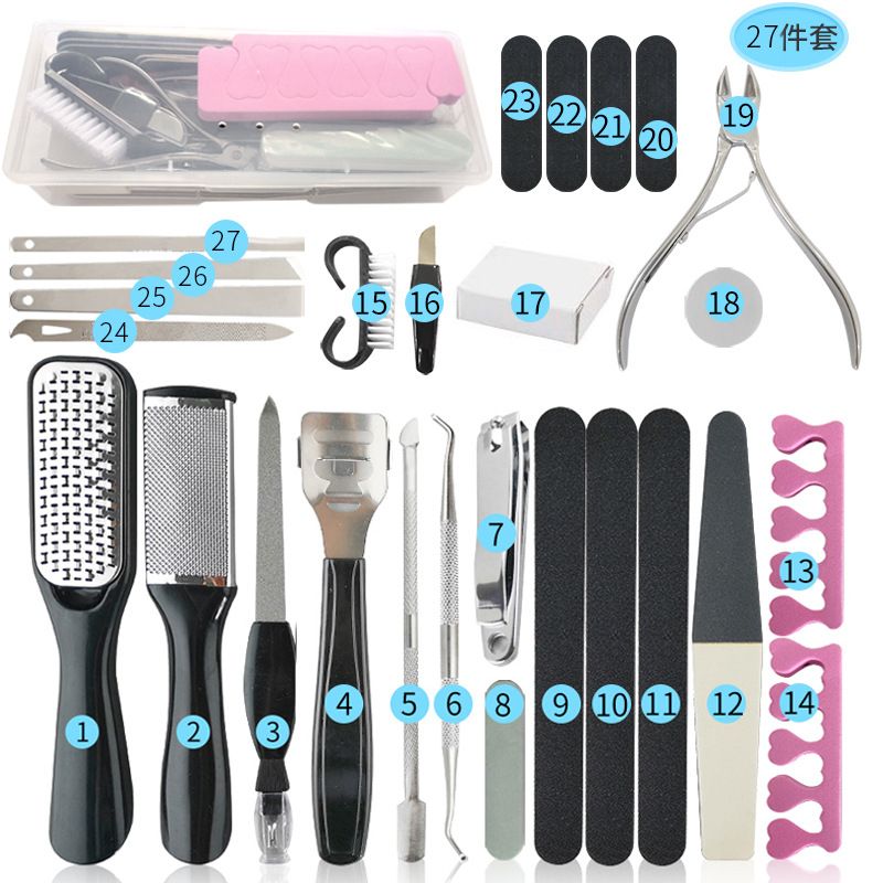 20/27Pcs Pedicure Kit Stainless Steel Professional Pedicure Tools Set Foot Rasp Peel Callus Dead Skin Remover Feet Care Pedicure
