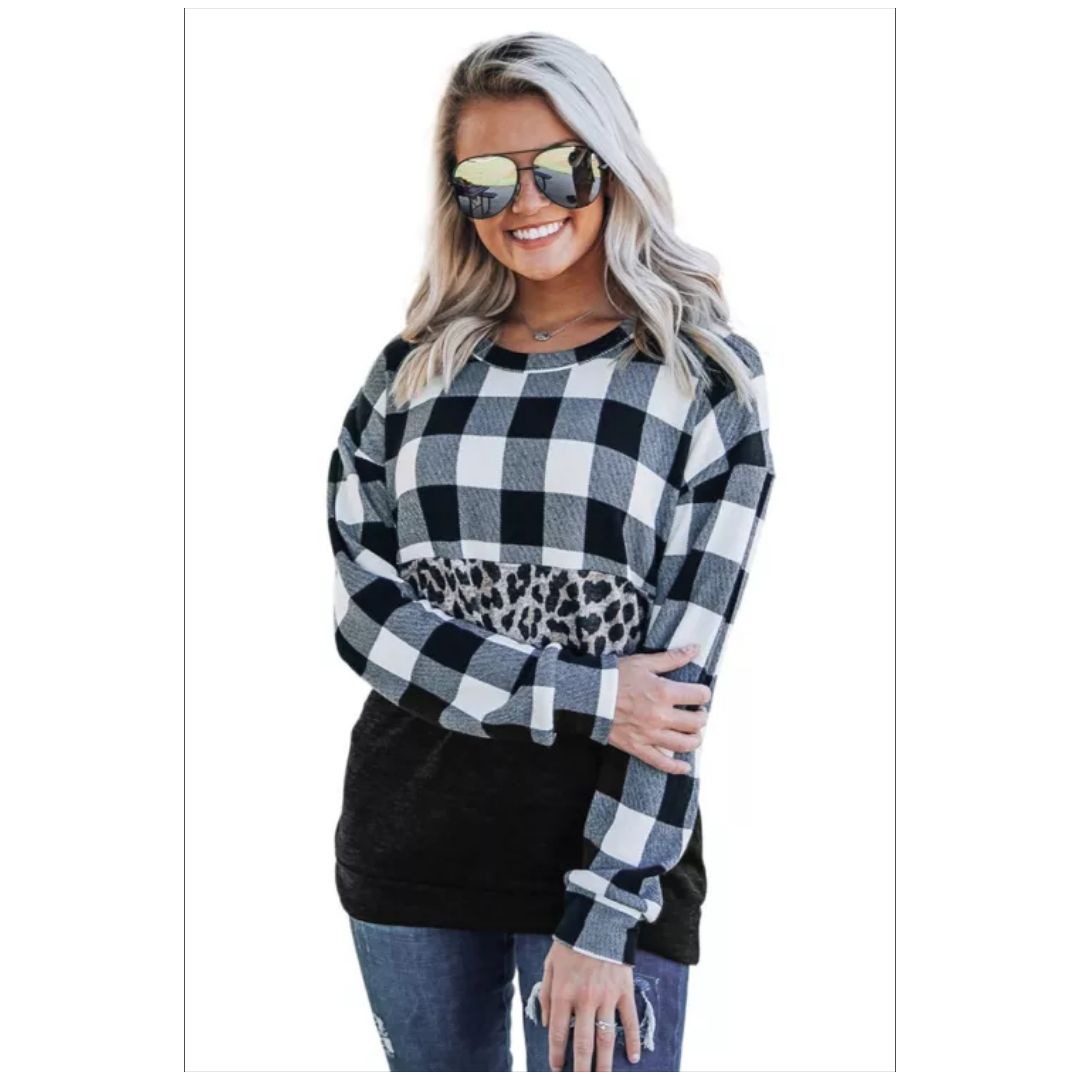 R Black Plaid Leopard Print Splicing Sweatshirt
