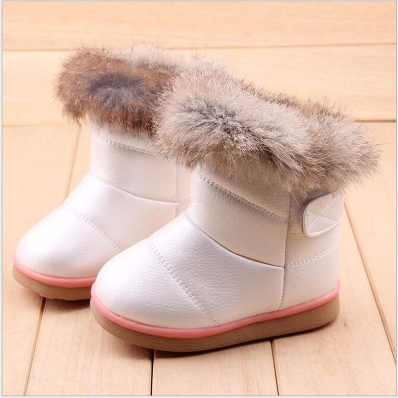 Child Girls Kids Winter Warm Booties Leather Rabbit Fur Shoes Snow Ankle Boots NEW White 21