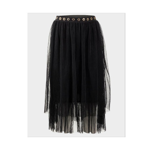 Ladies Crinkle Mesh Midi Skirt - Black