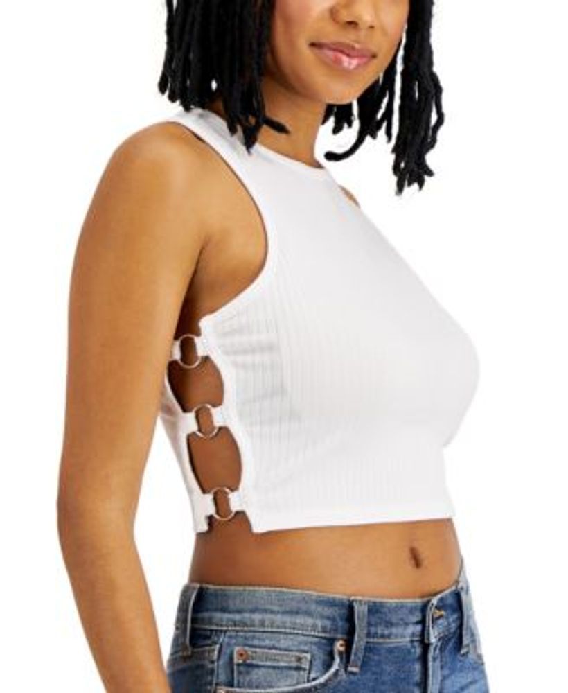 Women Muscle Tank With Silver Rings On Sides Beach Club Party Crop Top - White
