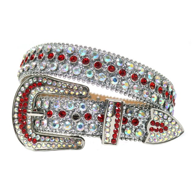 Fashion Strap Diamond Belt Western Crystal Studded Belt Cowgirl Cowboy Rhinestone Belt For Women Men Jean Cinto De Strass(#Silver Red)