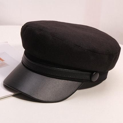 H278 Korean   Hat Women Simple Woolen Leather Flat Top Navy Hats Female British Vintage All-match Leisure Cap