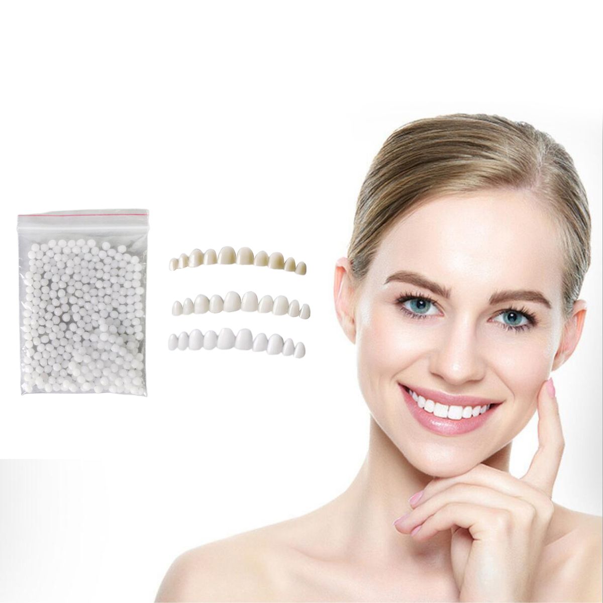 3pcs Teeth Veneers With 1 Bag Fitting Beads Temporary Teeth Snap On