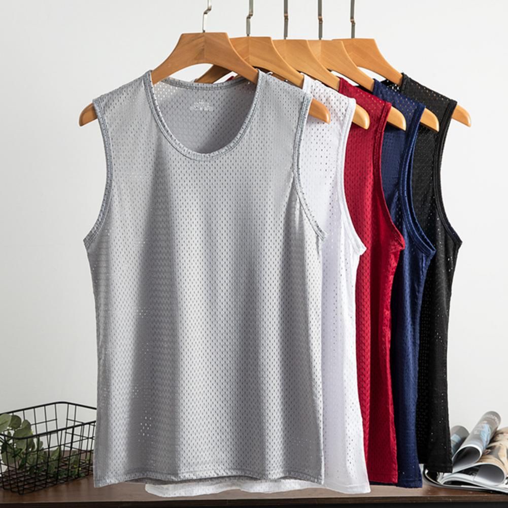 Men Sport Vest Hollow Out Solid Color Sleeveless Round Neck Summer Vest Small Holes Sweat Absorption Gym Men Tank Top Men(#Wine Red)