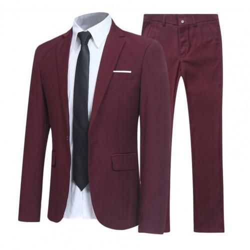 Business Forma Men Suit Set Lapel Formal Stylish Buttons Pockets Blazer 2 Piece Suit Male Slim Wedding Suit Coats Costume Homme Wine Red