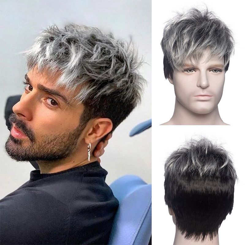 Men's Wigs Gray Black Elf Cut Wig With Bangs
