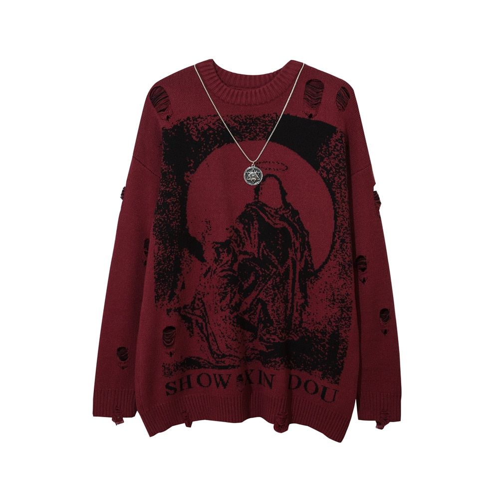 With Necklace Ripped Oversized Sweaters Frayed Knitted-Red
