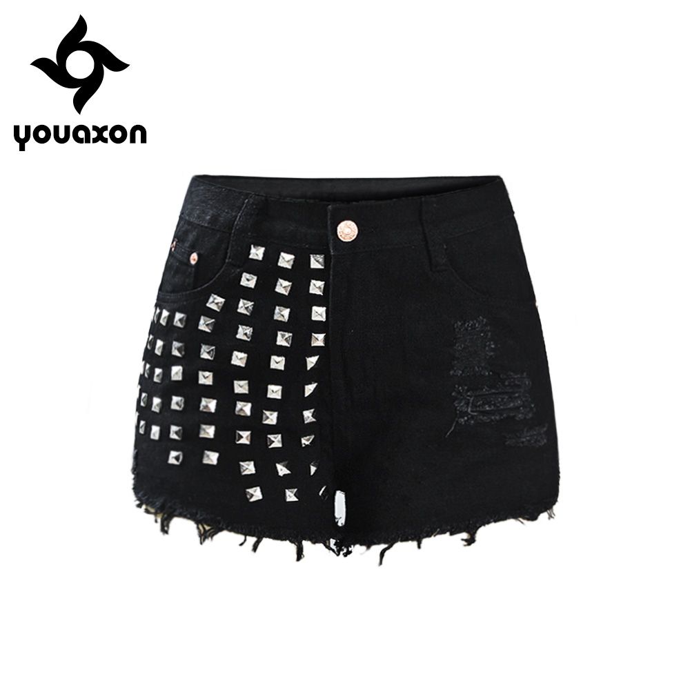 1995 Youaxon Black Shorts With Punk Metal Rivets Studded