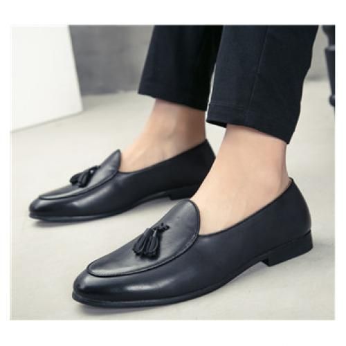 Men Shoes Tassel Genuine Leather Loafers Moccasins (Black)