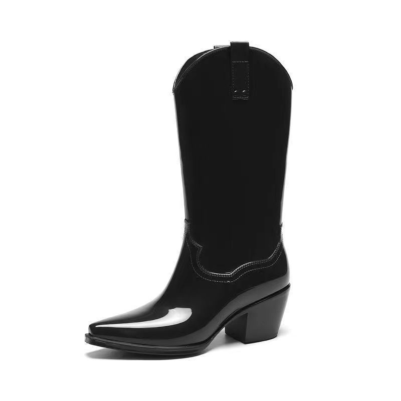 Pointed Rain Boots, Anti-skid, Waterproof,  High Fashion-Bright  Black