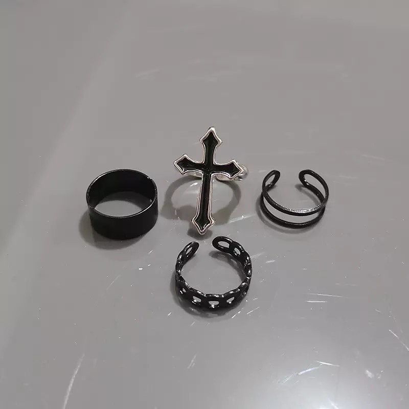 4pcs Round Metal Adjustable Black Ring Set