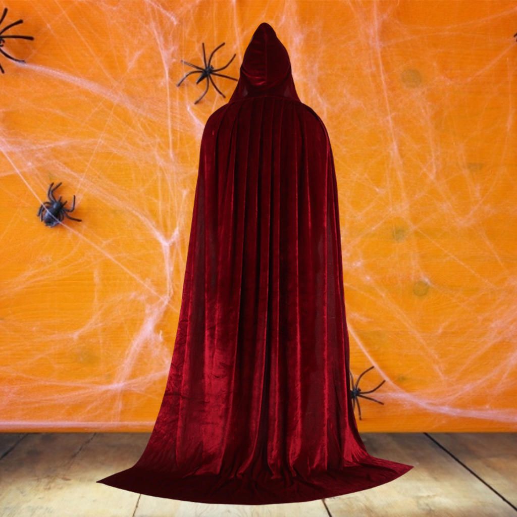 Unisex Adult Halloween Costume Cape Hooded Velvet Cloak 150cm Wine Red