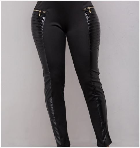 Ladies Pencil Leather Mix Pencil Pants- Black