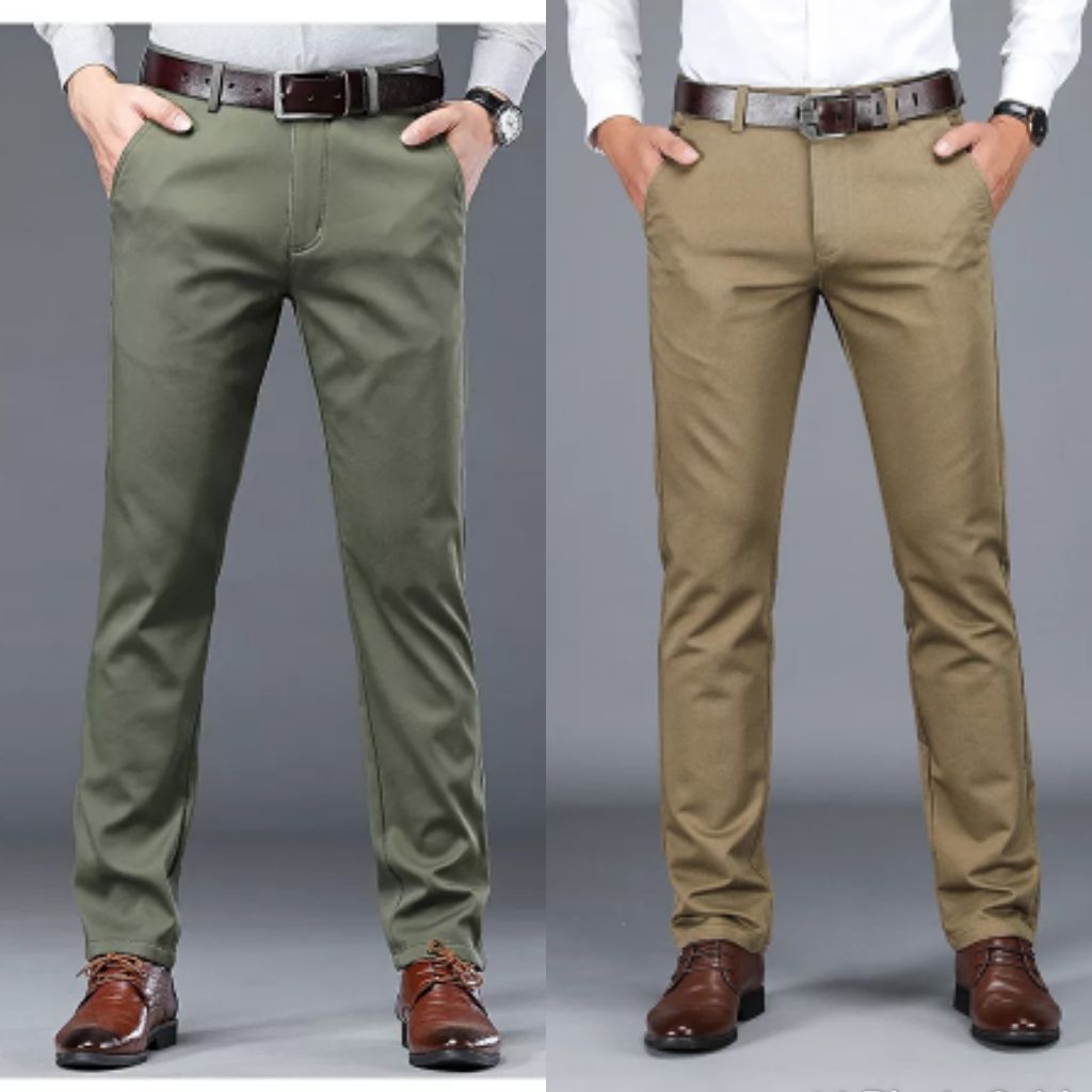 2Pcs Stock Chinos Pant For Men - Army Green & Carton Color