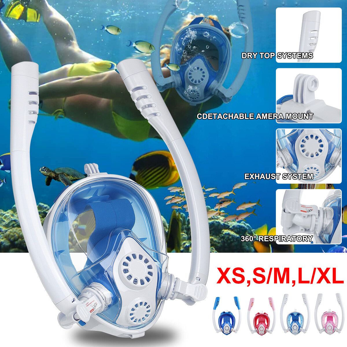 180° TWO Intake Tubes Silicone Diving Mirror Anti Fog Detachable Dry Snorkeling Full Face Set Scuba Diving Underwater Wide View Snorkel Swimming [XS/S/M/L/XL] For Adult Youth Child Blue For Kids