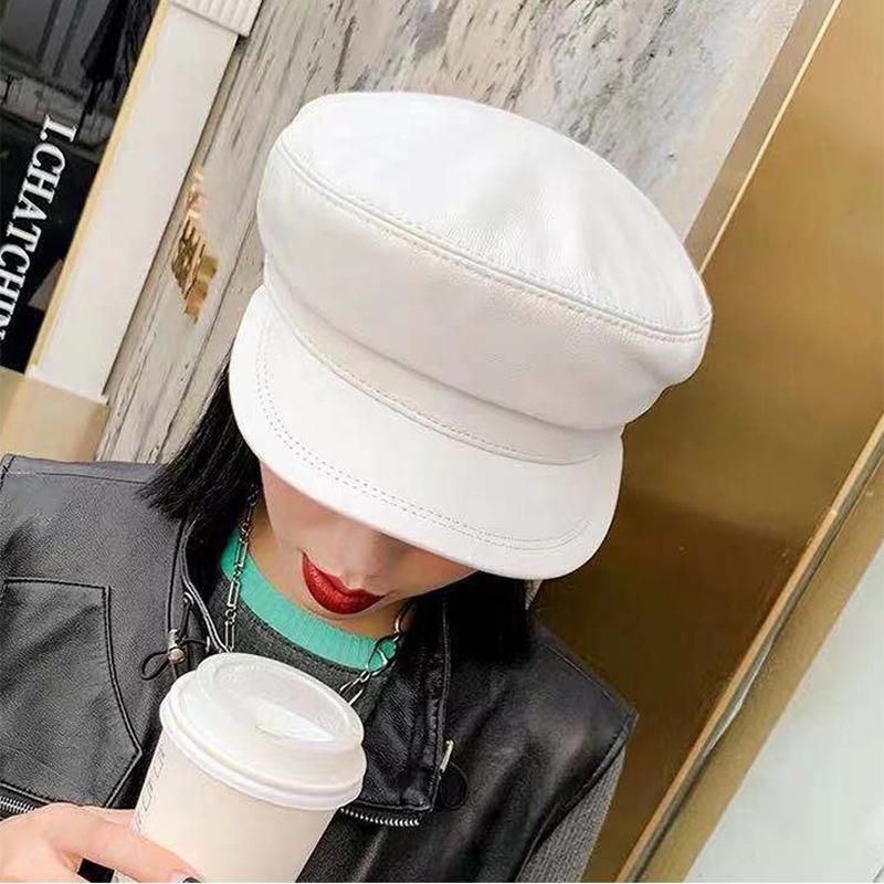 Spring  Hat Men Women   Leather sboy Caps Male Casual White/BlaFlat Top Navy  Hat Baseball cap