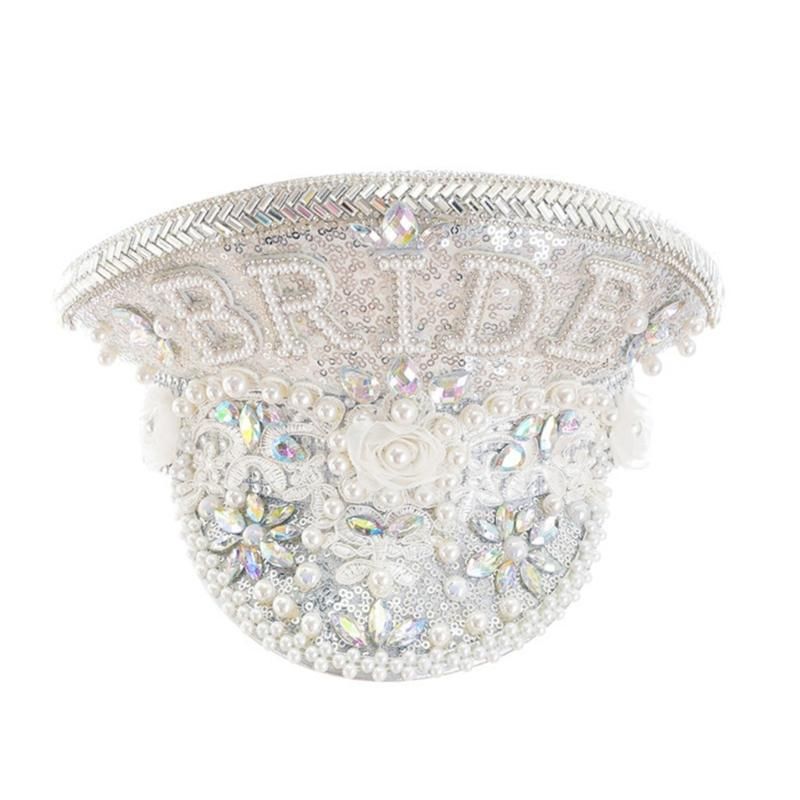 Bride Hat with Hand Beading Shining Crystal Gleaming Captain Hat for Engagement