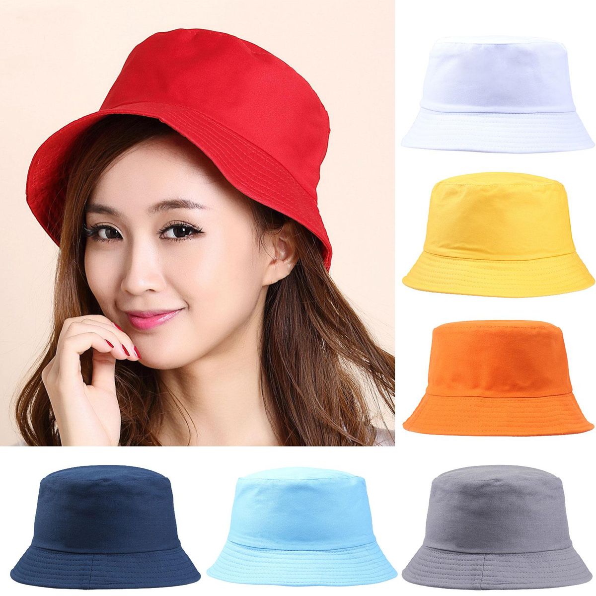 Unisex Cotton Fisherman Hat Solid Color Beach Outdoor-Red