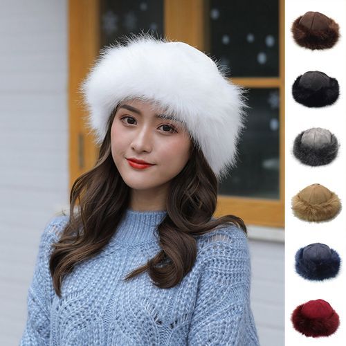 Women Hat Thicken Fluffy Faux Fur Pure Color Coldproof-White