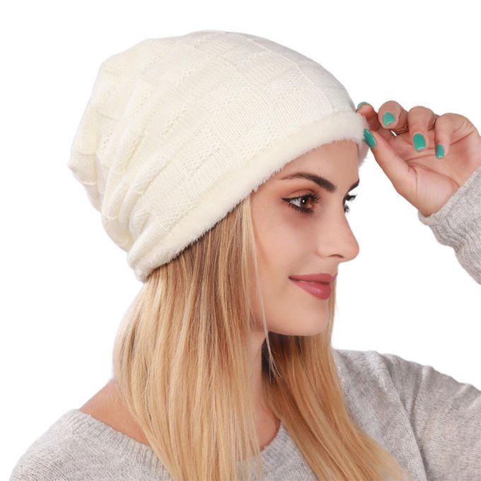 Beanie Hat Pleats Ear Protection Men Women Coldproof-White
