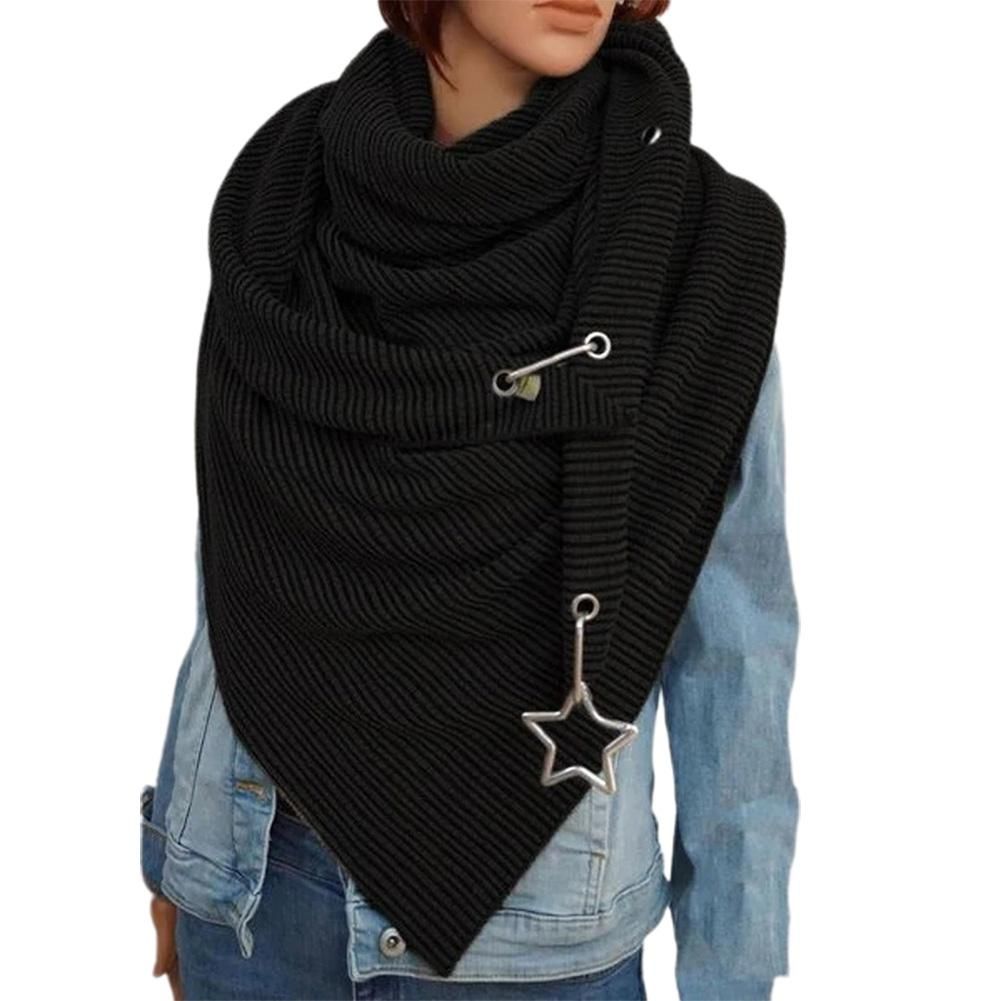 Women Autumn Winter Solid Color Button Star Soft Wrap-Black