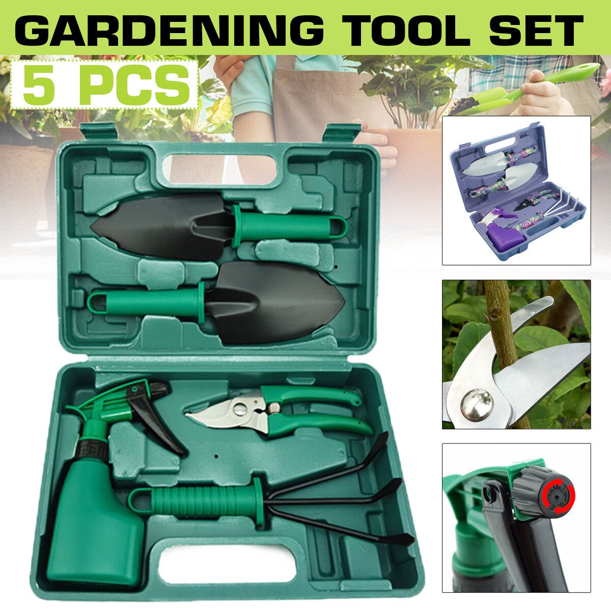 5PCS Garden Tool Set Grafting Pruning Shovel Rake Weeding Harrow Spray Bottle With Storage Box Antique White