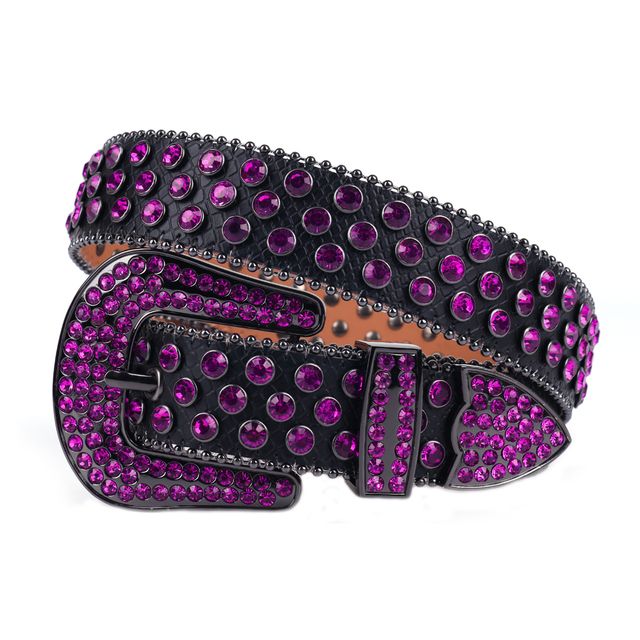 Fashion Strap Diamond Belt Western Crystal Studded Belt Cowgirl Cowboy Rhinestone Belt For Women Men Jean Cinto De Strass(#Black Purple)