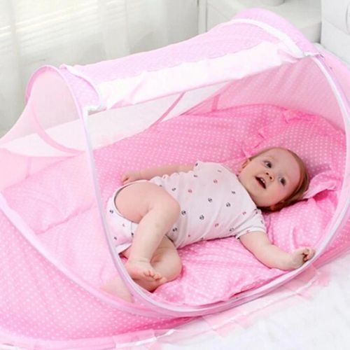 Baby Foldable Crib With Net - Pink
