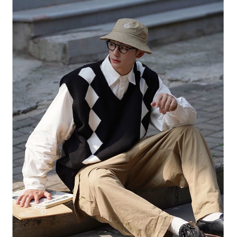 Winter Men's College Style Wool Sweater Vest V-neck Sleeveless-black