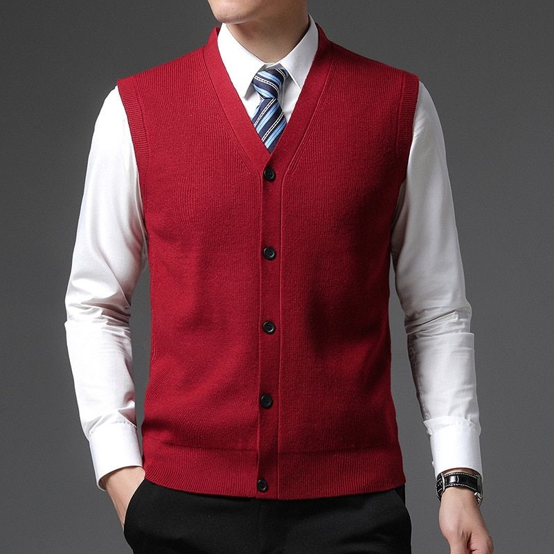 Men's V-Neck Wool Knit Sleeveless Cardigan Sweater-red