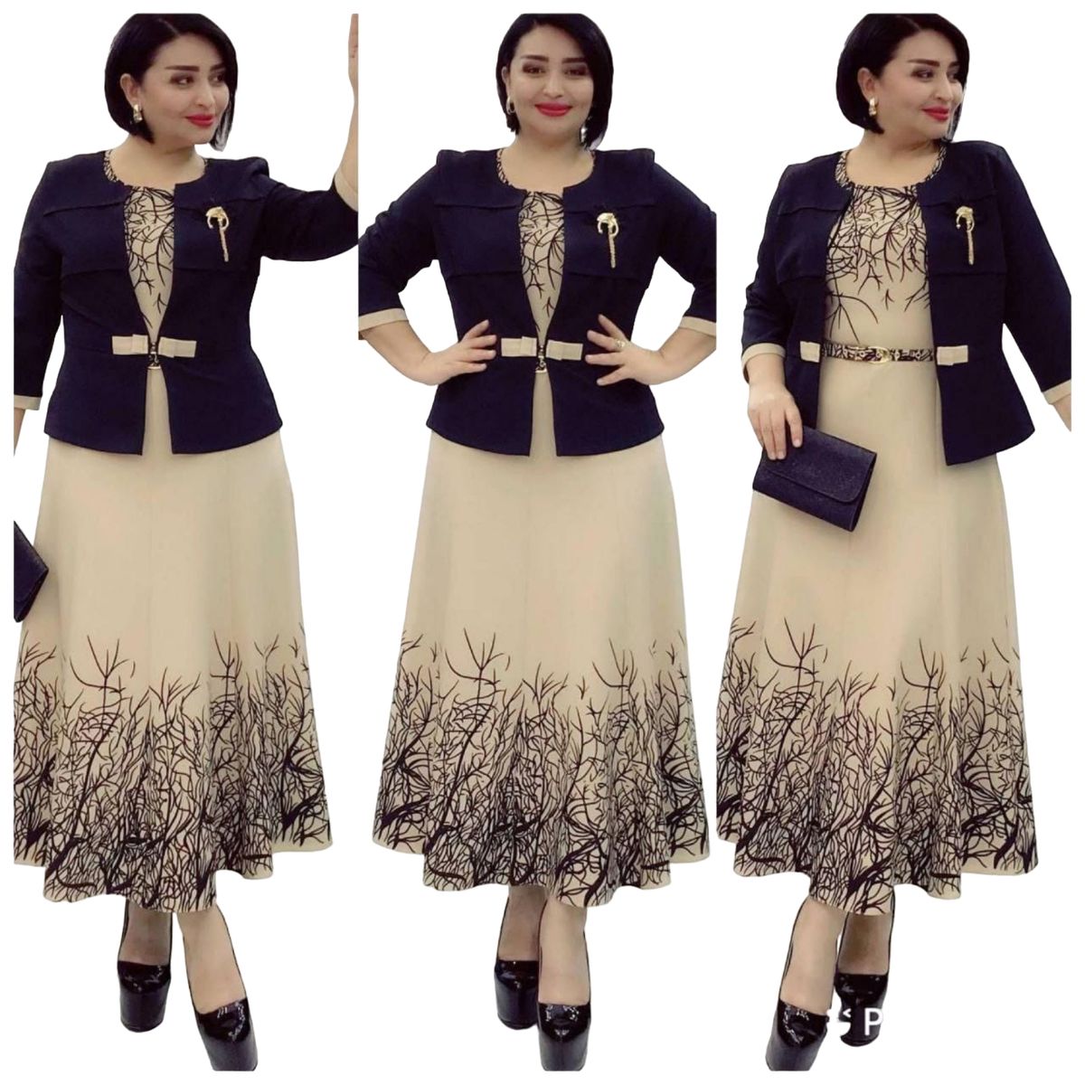 3/4 Length Long Dress With 3/4 Sleeve Blazer-Black/Nude