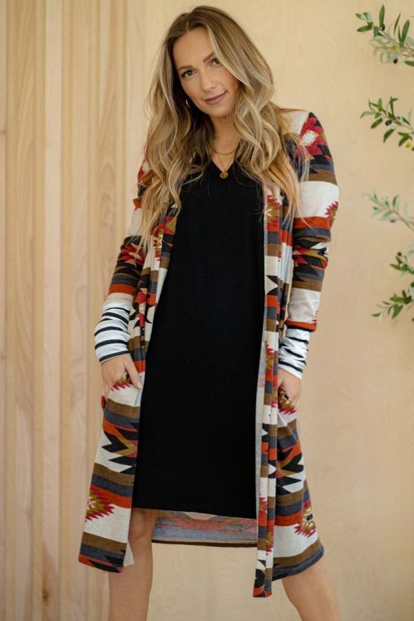 Mfed Green Geometric Color Block Open Front Long Cardigan