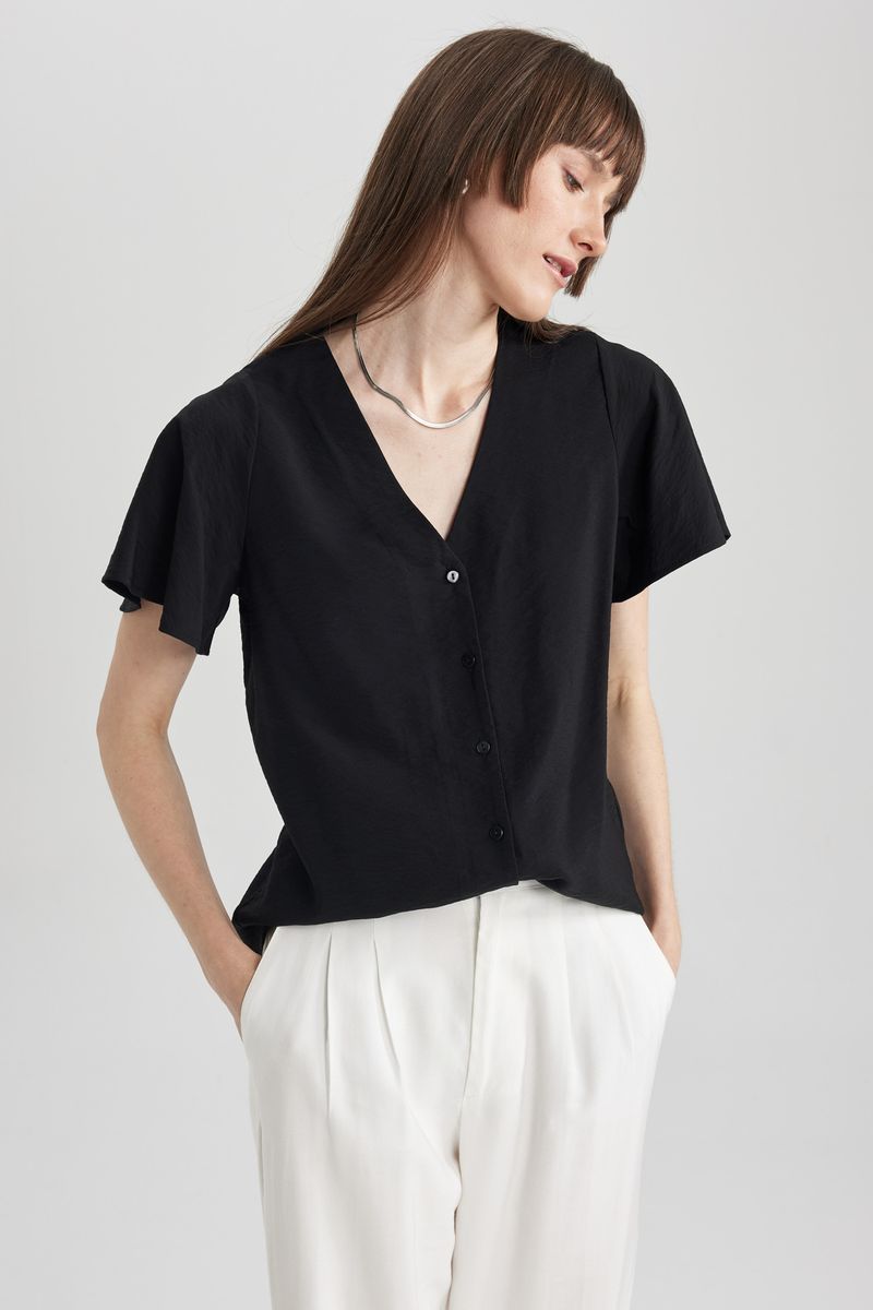 Woman Casual Regular Fit V Neck Woven Short Sleeve Blouse - Black