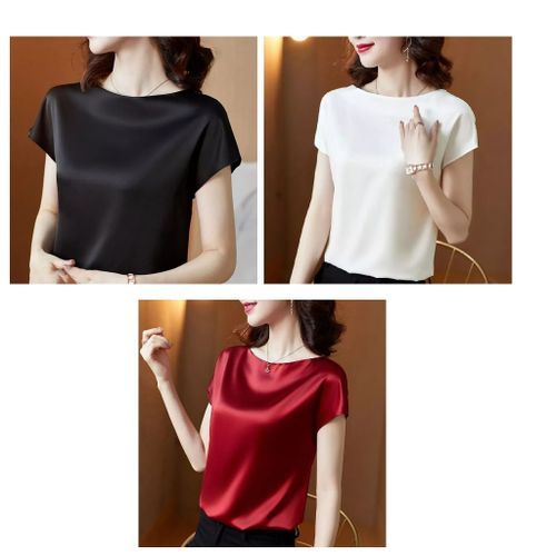 3in1 Satin Silk Short Sleeve Blouse Woman Ladies Top In Red, Cream And Black