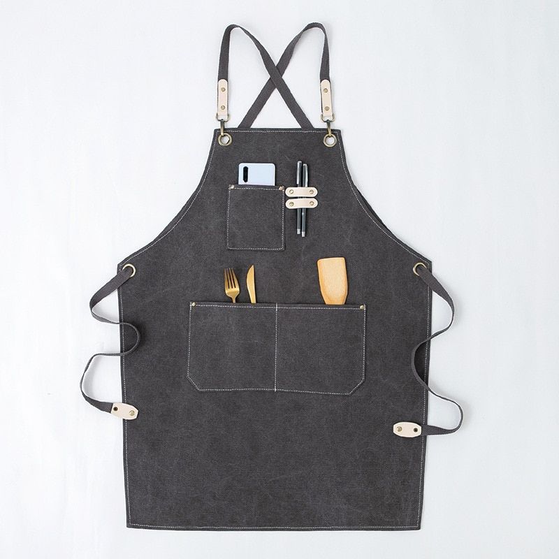 Cowboy Canvas Apron With Pockets Korean Fashion Chinese Restaurant Barber Artist Apron For Men And Women Overalls Coffee Shop Grey-A