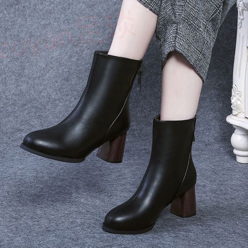 Women Retro Thick Heel Short Boots Ladies Fashion Mid-High Heel Leather Boots