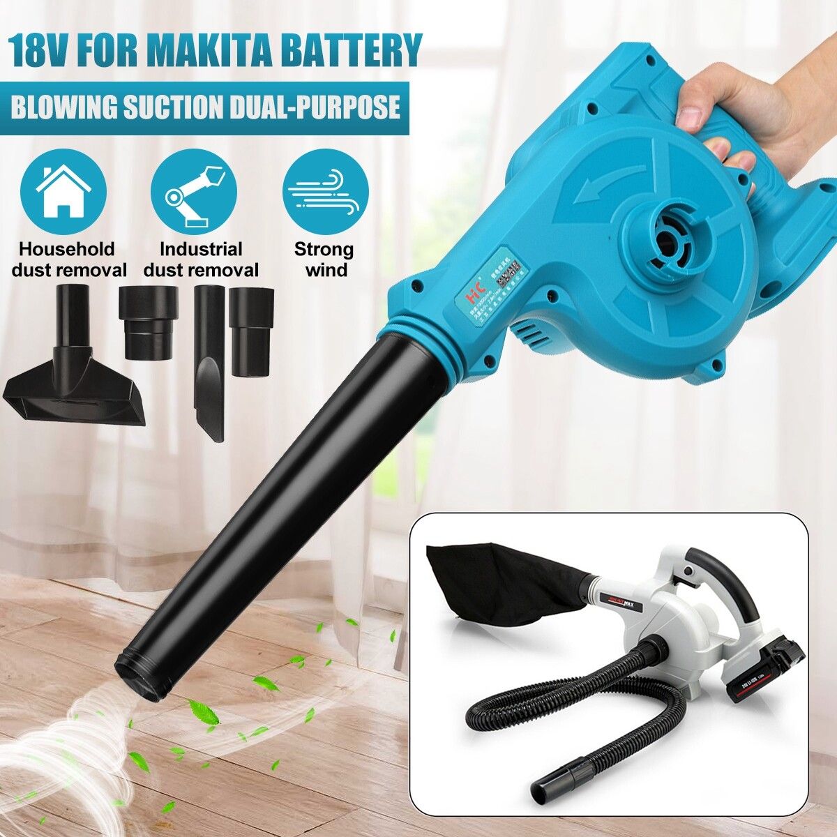 680W 18V Cordless Leaf Blower Handheld Li-ion Multifunctional Dust Sweeper Vacuum Cleaner Suction Blower Tool For