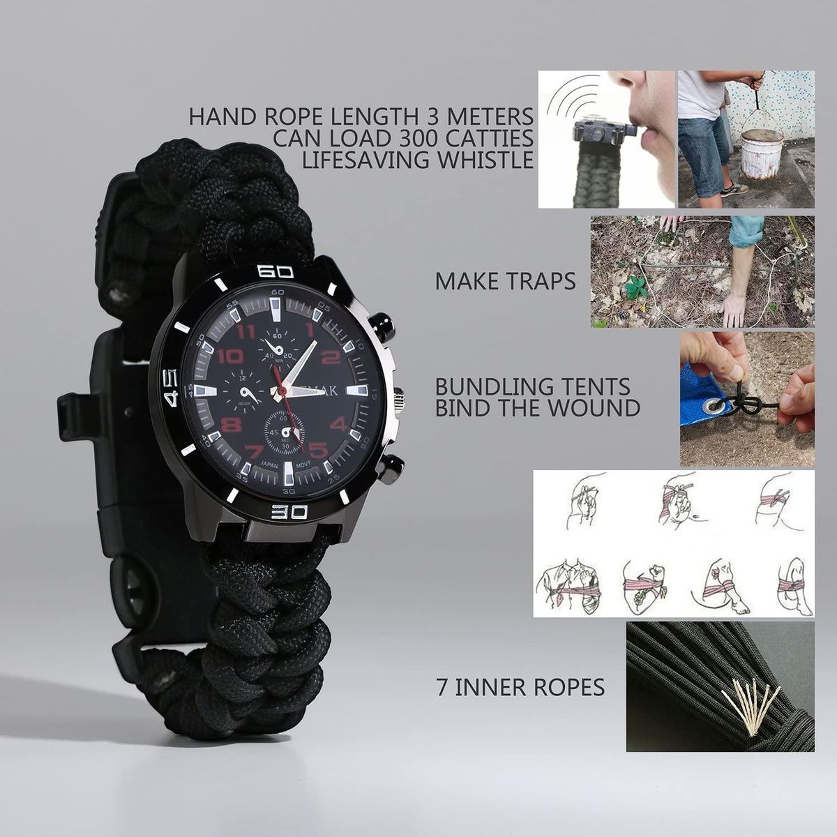 6 in 1 Survival Bracelet Watch Multifunctional Emergency Survival Watch with Paracord Whistle Black