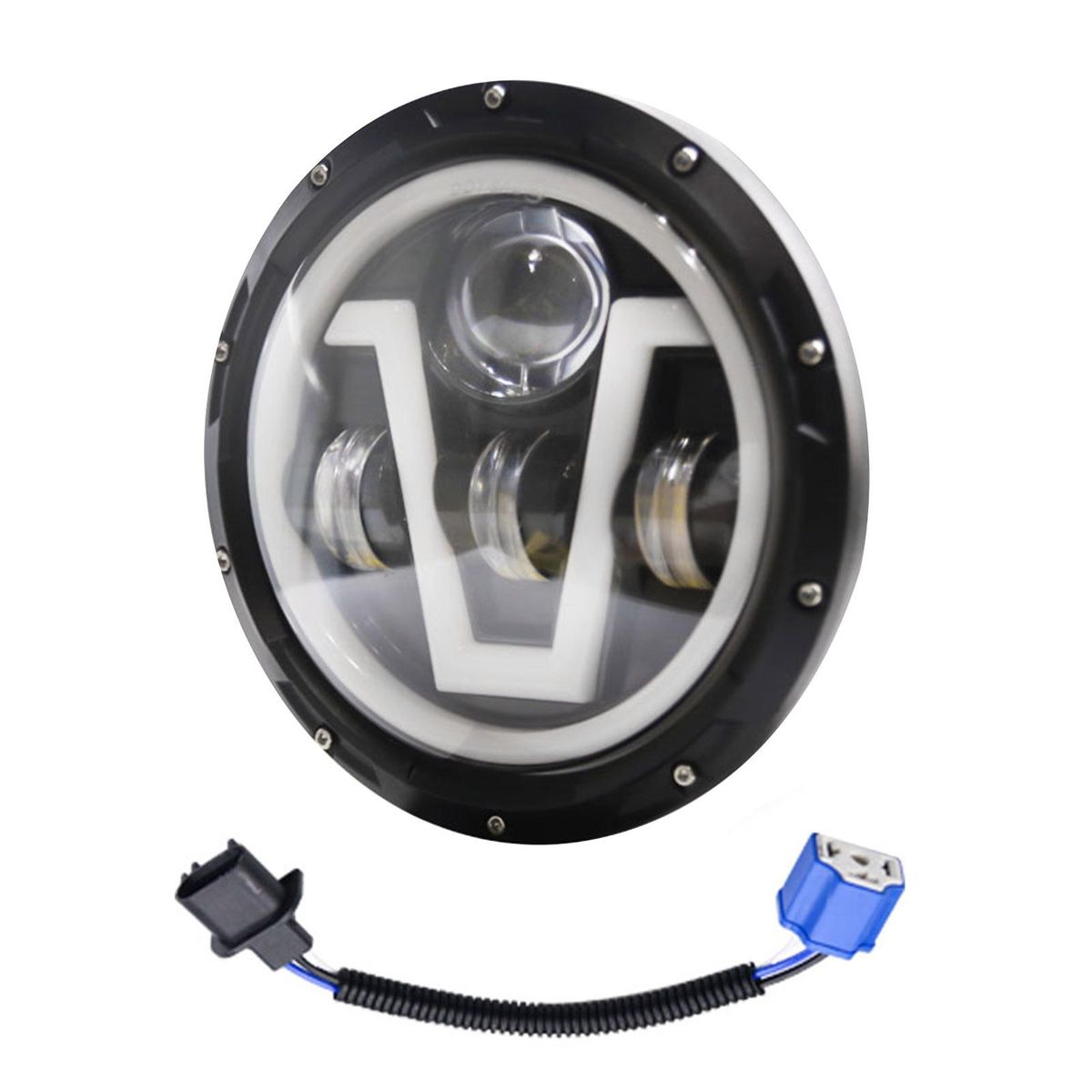 1PCS Car LED Headlight 7in 500W Round V-type Headlamp Super Bright H4 Plug H13 Wire Harness Replacement for Jeep Wrangler Land Rover Defender Hummer
