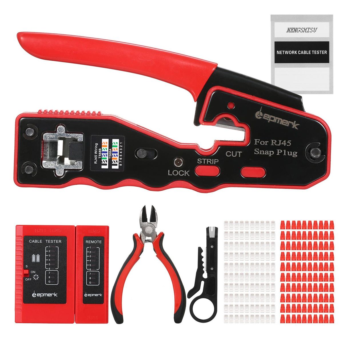 RJ45 Crimp Tool Kit All in One Pass Through Crimping Tool for Cat5e Cat6 Cat6a Pass Through Connector with 100Pcs Connectors 100Pcs Covers Network Cable Pliers Tester Blades