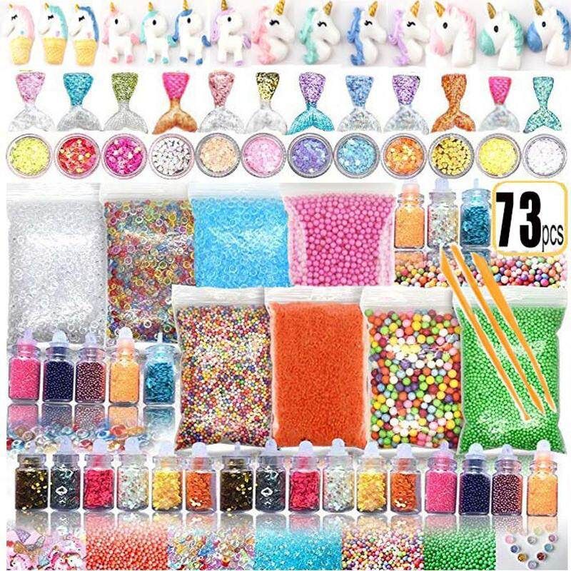 Slime Stuff Charm Fishbowl Beads Glitter Pearls Slime Mylar Flake Slime Containers With Foam Balls - 02# Unicorn 73 Piece Set