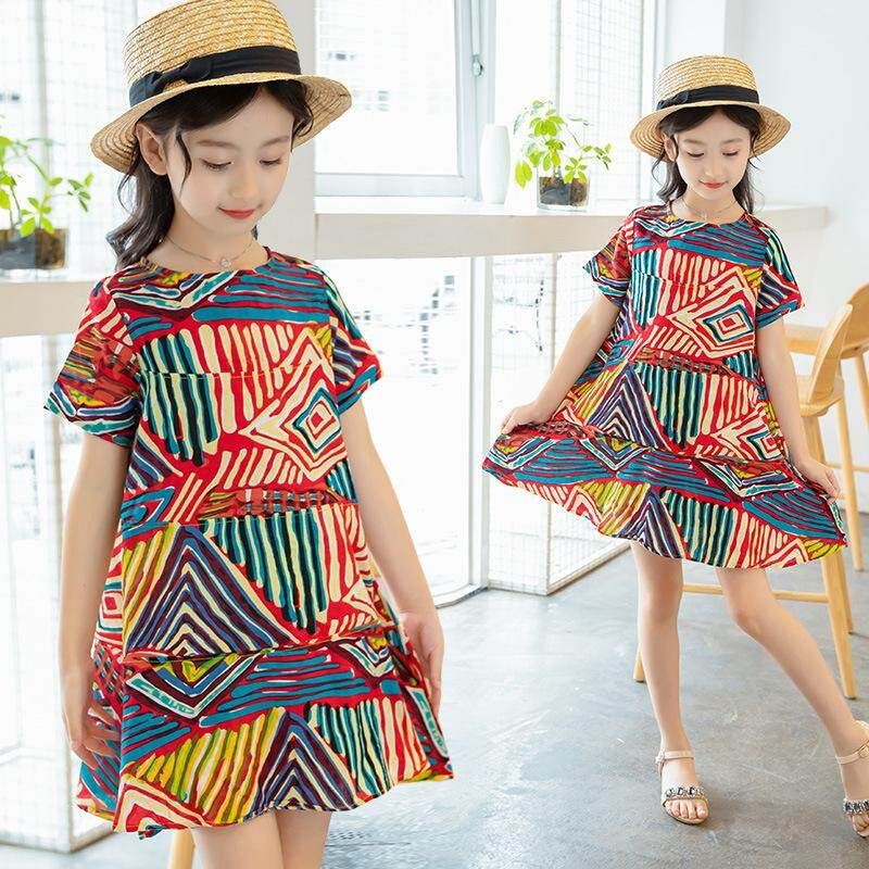120cm Children's Wear 2018 Summer New Girls Short-sleeved Dress In The Big Children Retro Ethnic Wind Graffiti Skirt Wholesale Color 120cm