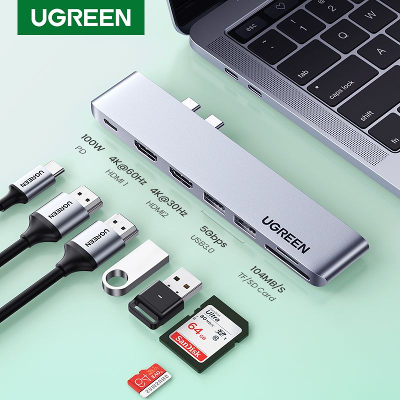 USB C To Dual HDMI Hub Adapter, 7in1 USB C Thunderbolt 3,2 USB 3.0,100W PD Port, SD/TF Card Reader