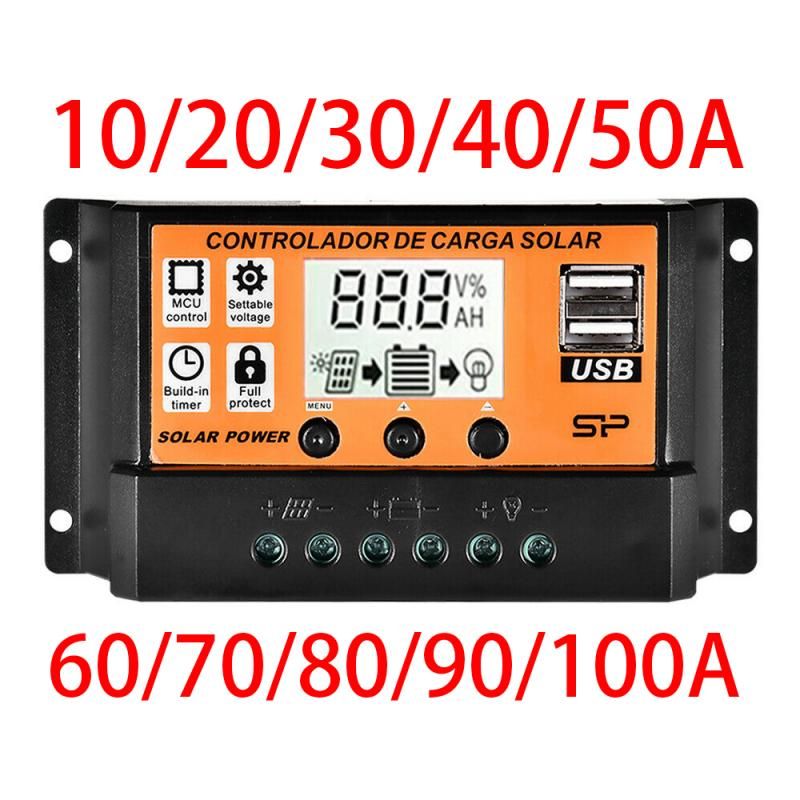 MPPT Solar Charge Controller 12V 24V 10A 20A 30A 40A 50A Solar Controller Solar Panel Battery Regulator Dual USB 5V LCD Display-100A--
