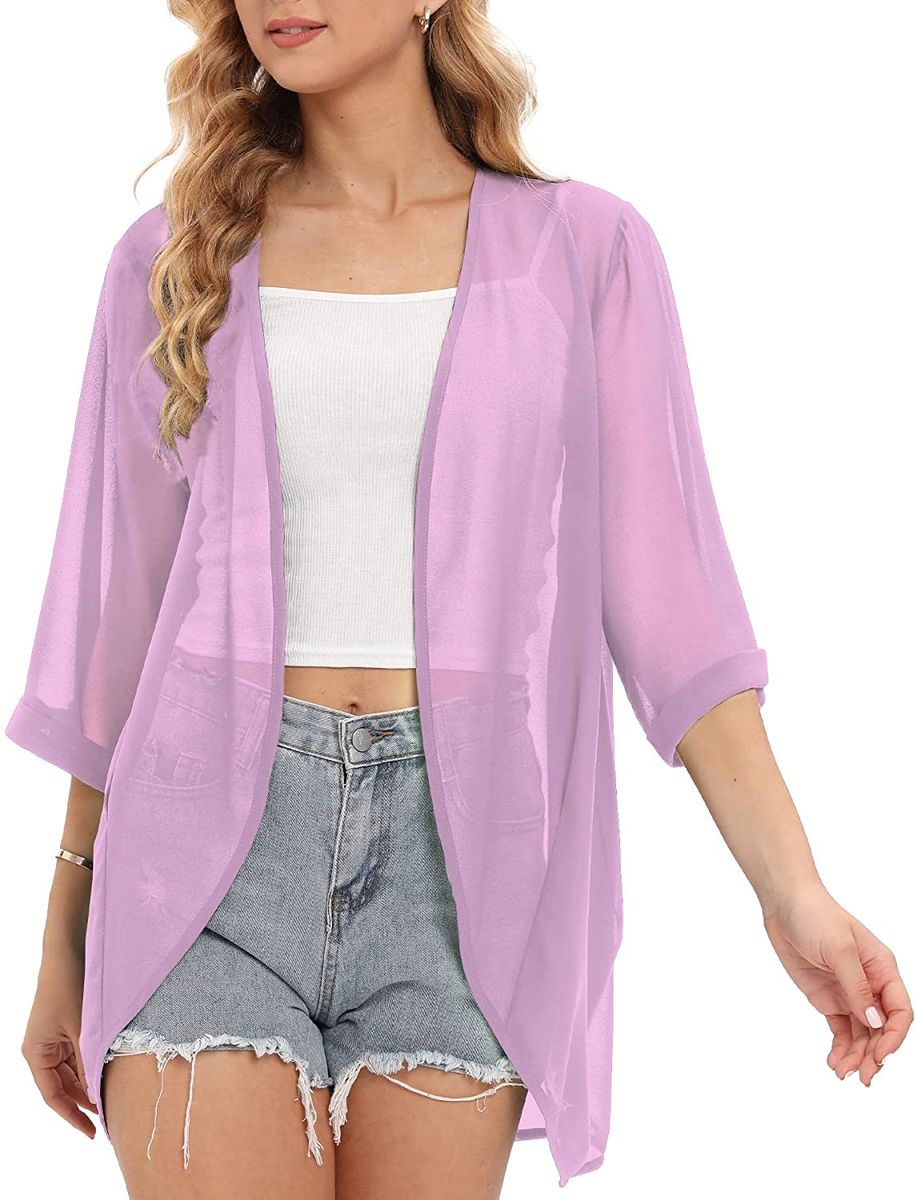 Purple Light Weight Kimono Jacket Women Cover Up Swim Top Blouse Shirt