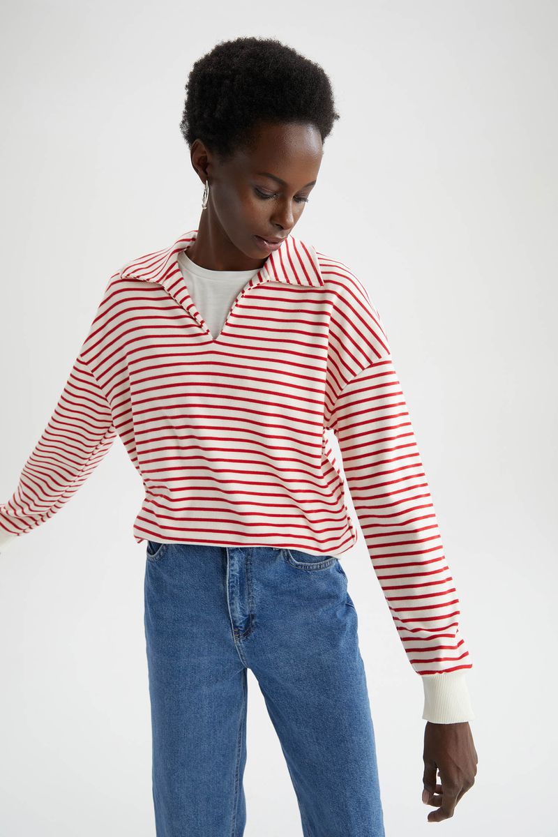 Woman Casual Regular Fit Polo Neck Long Sleeve Knitted Sweat Shirt - Red