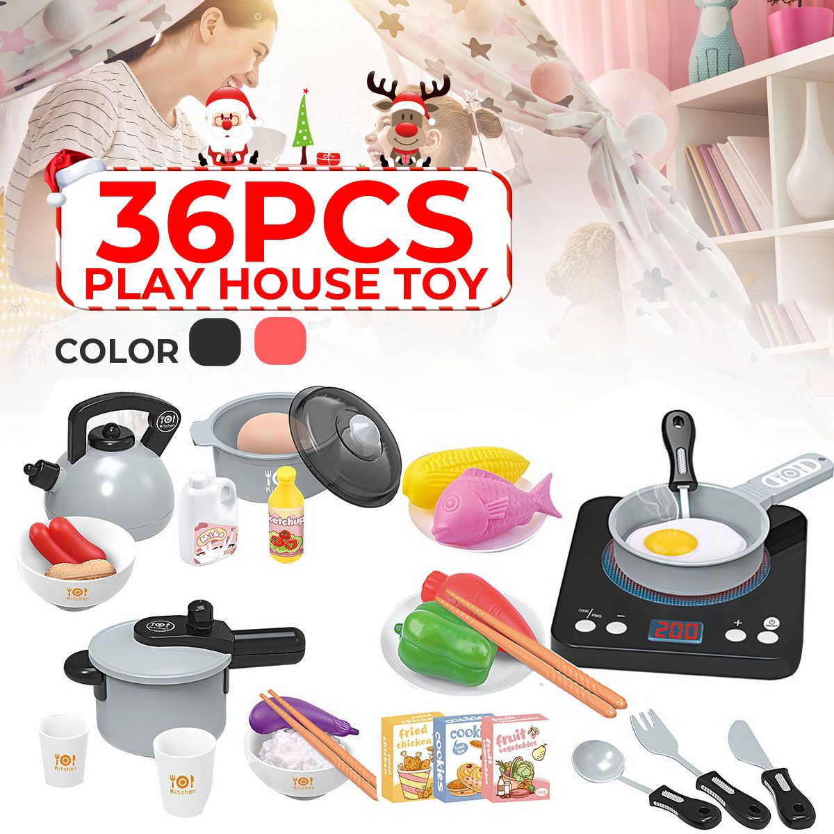 36PCS/Set Cooking Kitchen Toys Children'S Educational Light Music Play House Tableware Utensils Pretend Black