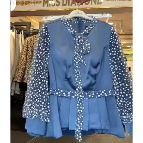 Turkey Dotted Transparent Sleeves Skirt Suit - Sky-Blue