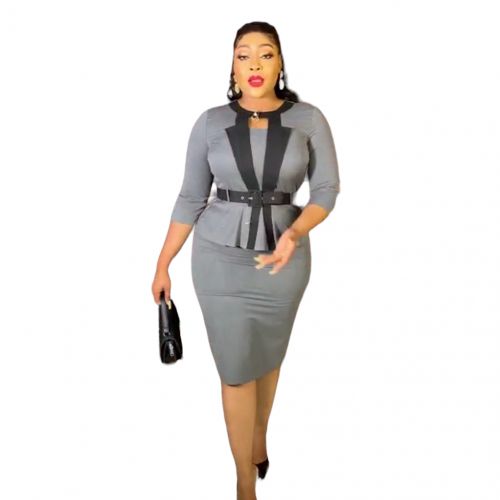 Turkey Contrast Lapel With Front Peplum Dress With 3/4 Sleeve- GREY